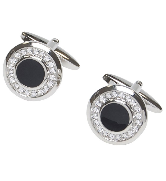 Round timeless cufflinks with crystal stones and black epoxy centre