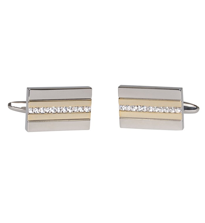 Silver and shiny light gold cufflinks with clear crystals