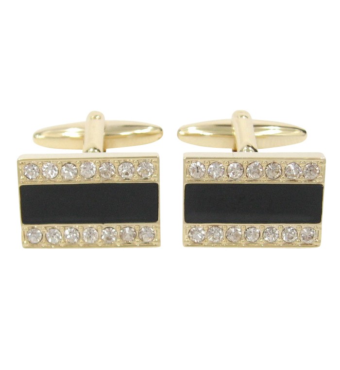 Light gold black enamel cufflinks with clear crystal stones