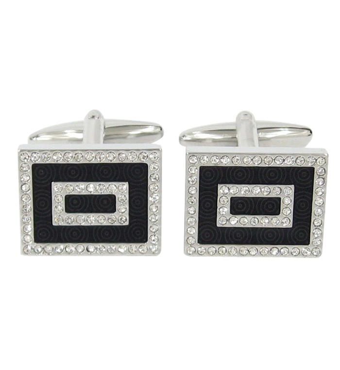Silver cufflinks with black epoxy centre and clear crystal stones