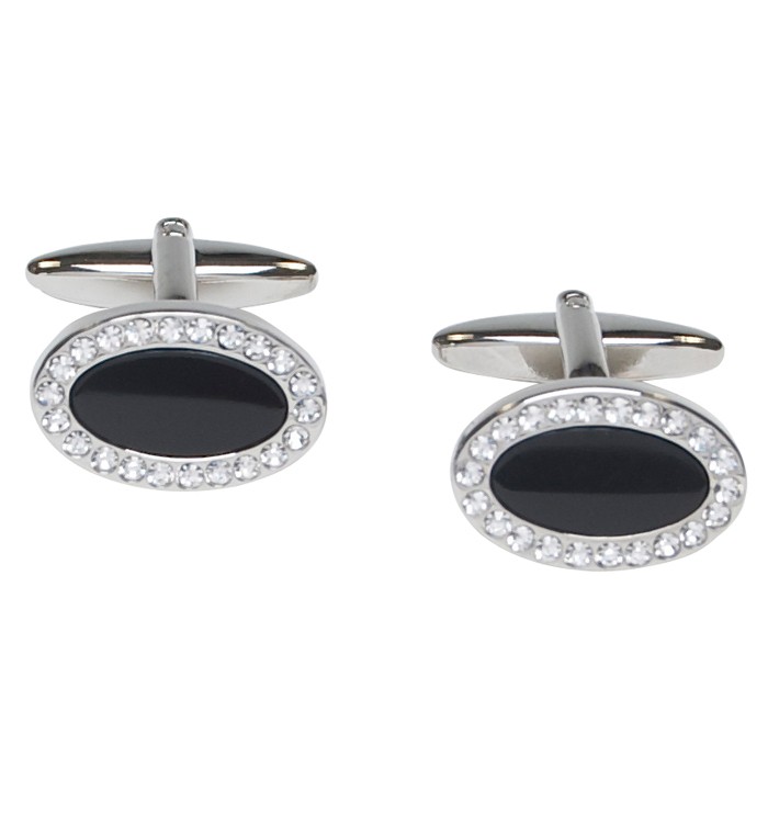 Black enamel timeless oval cufflinks with clear crystal stones