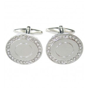 Silver round cufflinks with clear crystal stones